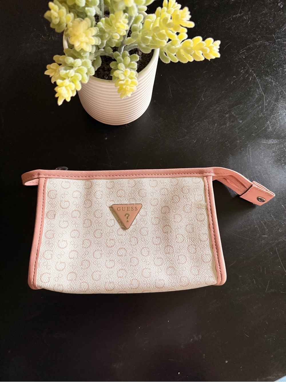 GUESS Cream Logo Wristlet with Pink Trim